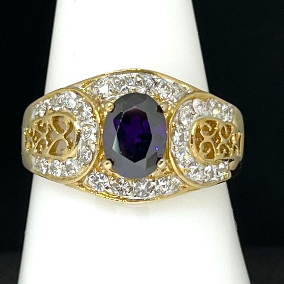 Vintage Ring Size 6 Purple & Clear Cubic Zirconia 18K Gold Plate Mid-Century 14J - Picture 9 of 9